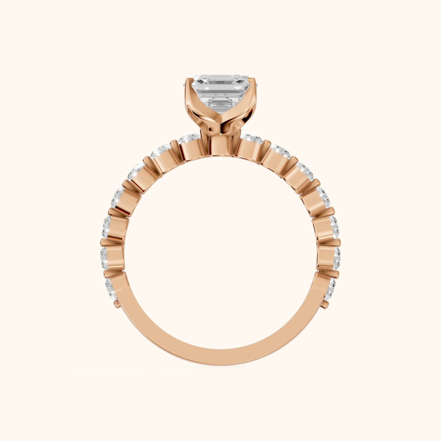 Eleanor Majesty Side Stone Asscher Diamond Engagement Ring in Rose Gold - FingerView