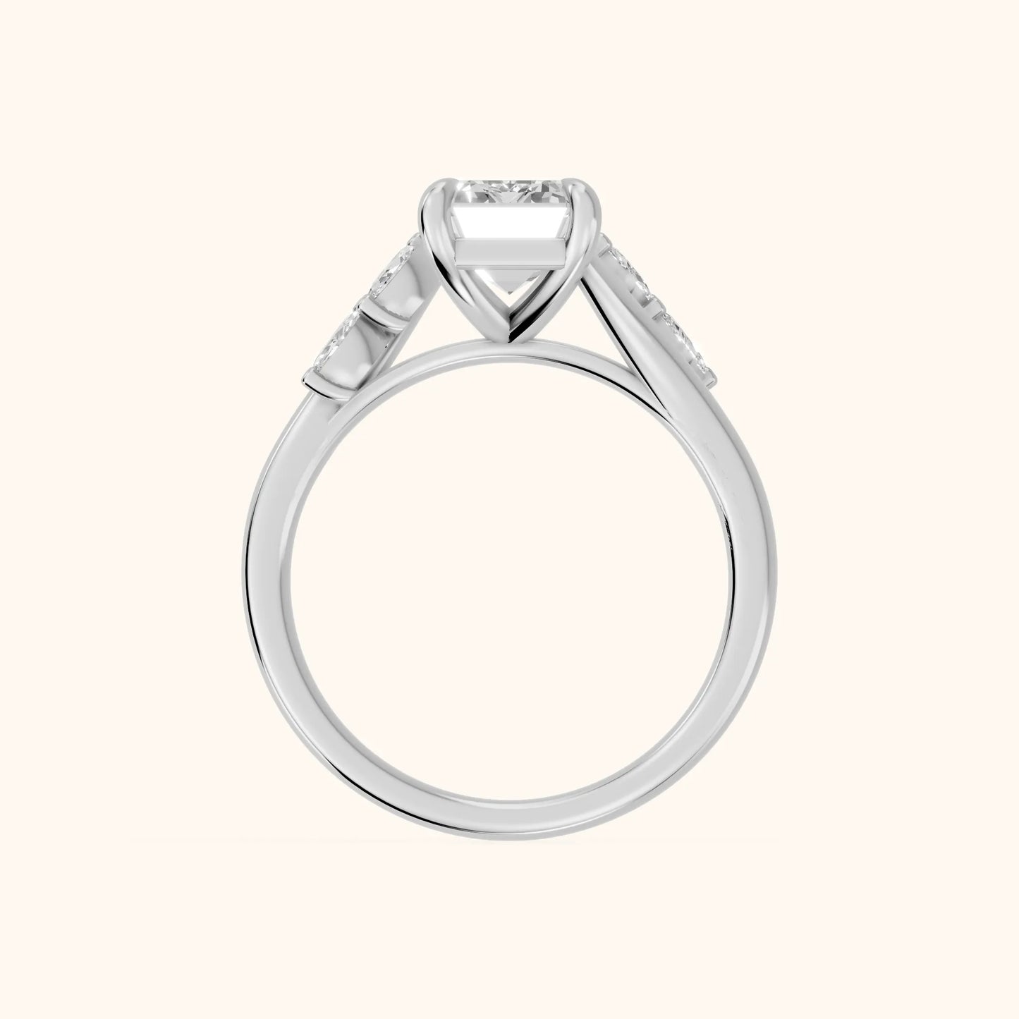 Flora Twist Side Stone Emerald Diamond Engagement Ring in Silver - FingerView