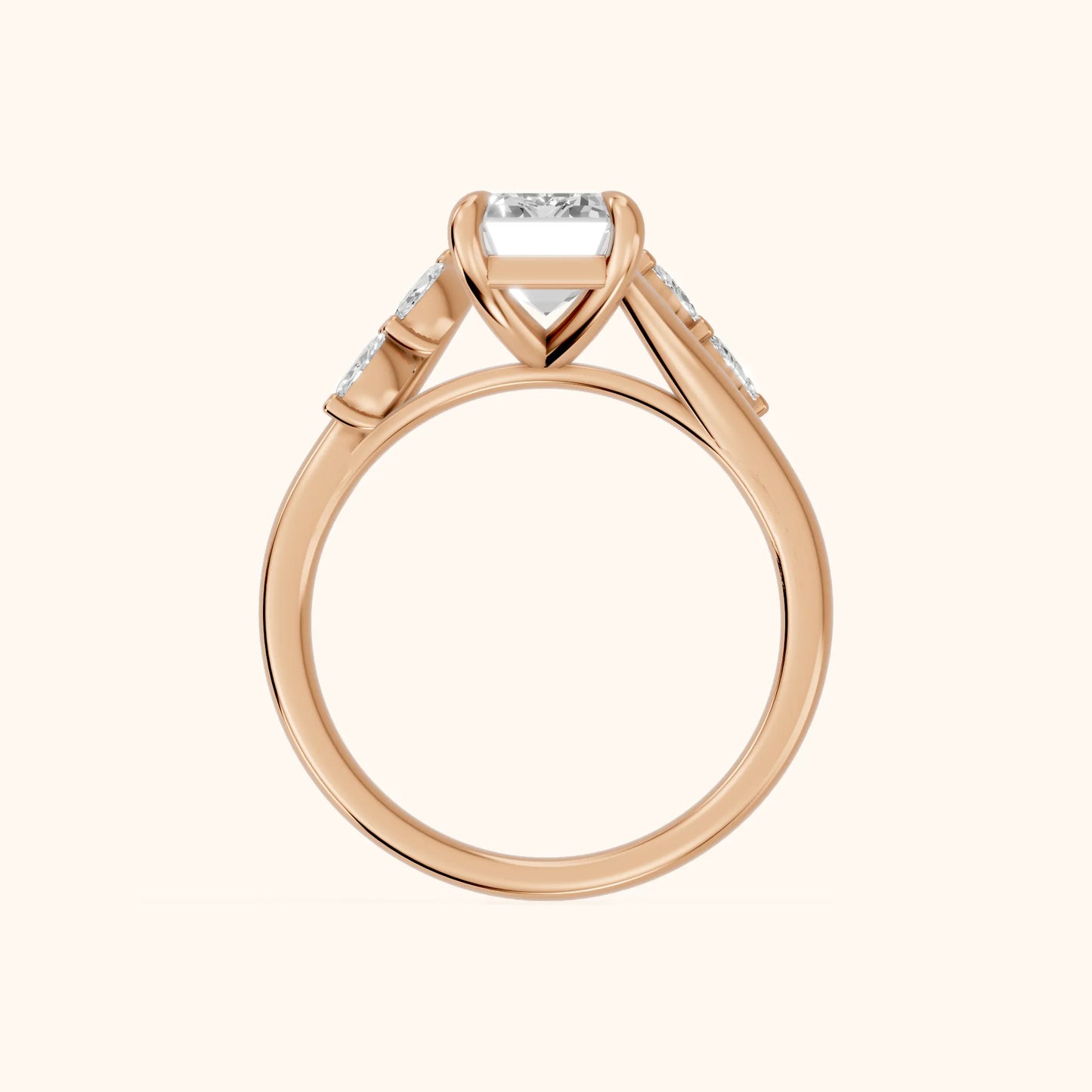 Flora Twist Side Stone Emerald Diamond Engagement Ring in Rose Gold - FingerView