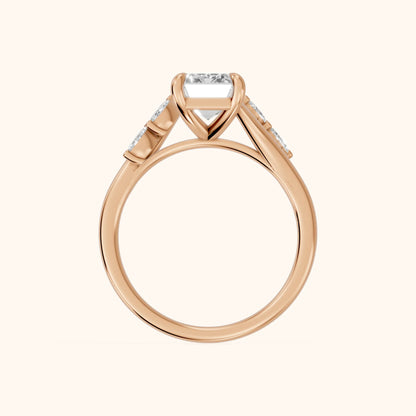 Flora Twist Side Stone Emerald Diamond Engagement Ring in Rose Gold - FingerView