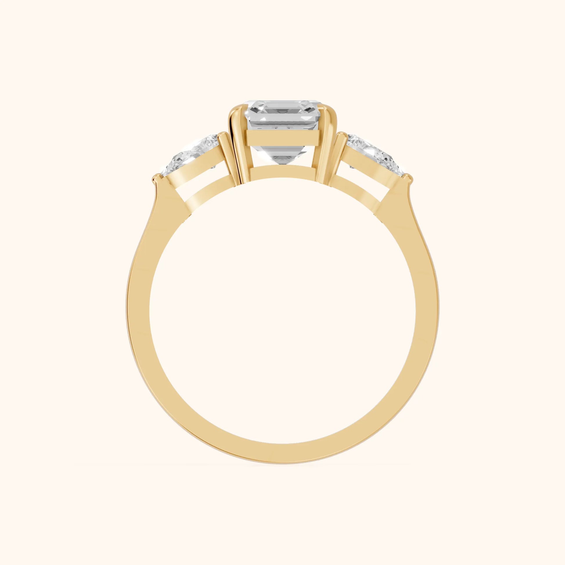 Grace Three Stone Asscher Diamond Engagement Ring in Yellow Gold - FingerView