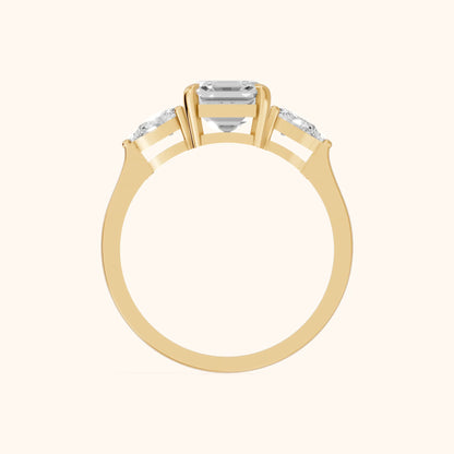 Grace Three Stone Asscher Diamond Engagement Ring in Yellow Gold - FingerView