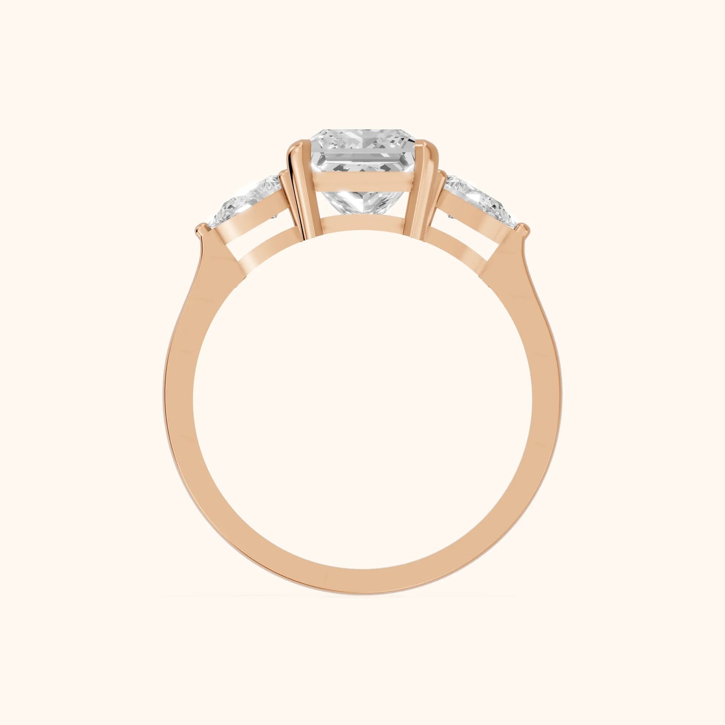 Grace Three Stone Princess Diamond Engagement Ring in Rose Gold - FingerView