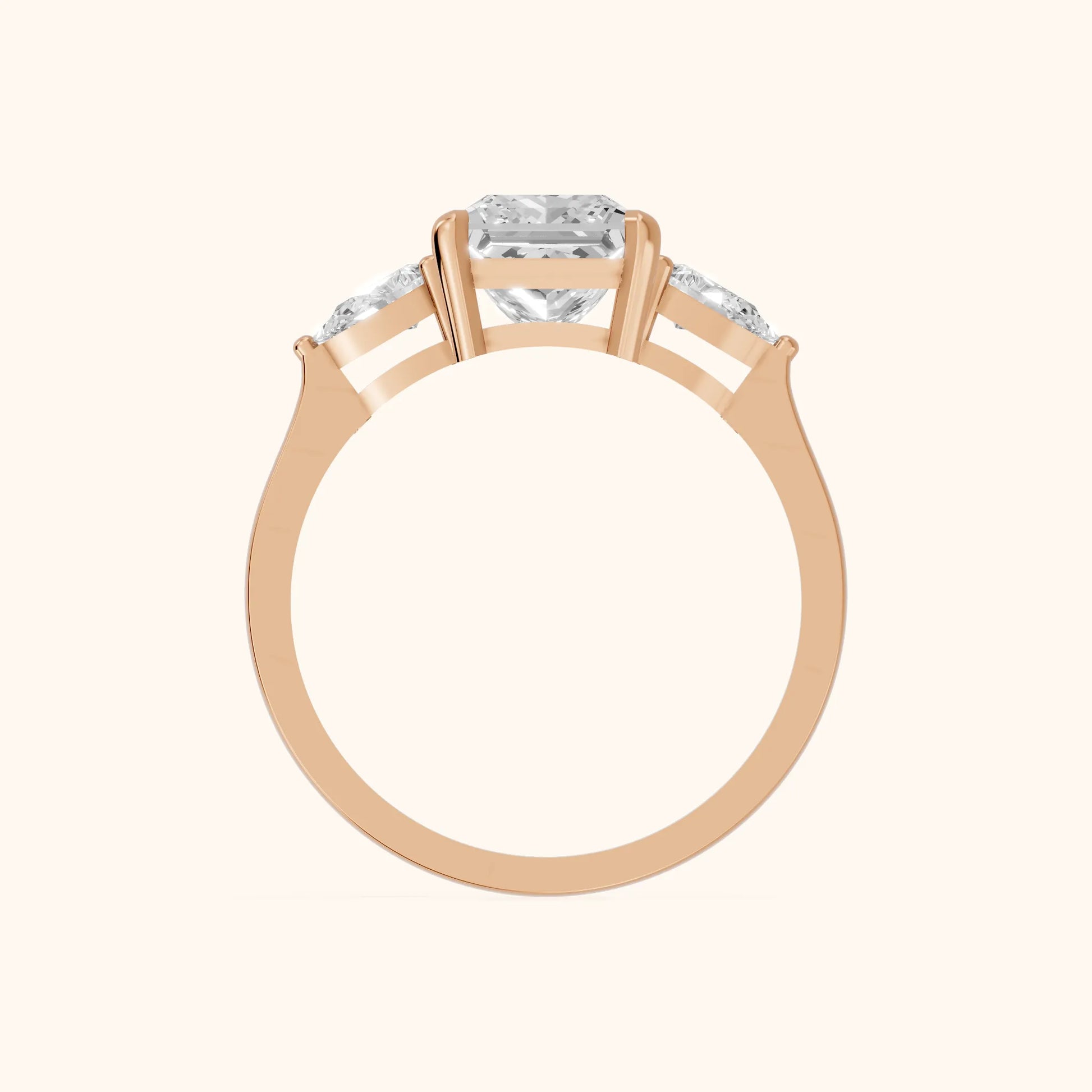 Grace Three Stone Princess Diamond Engagement Ring in Rose Gold - FingerView