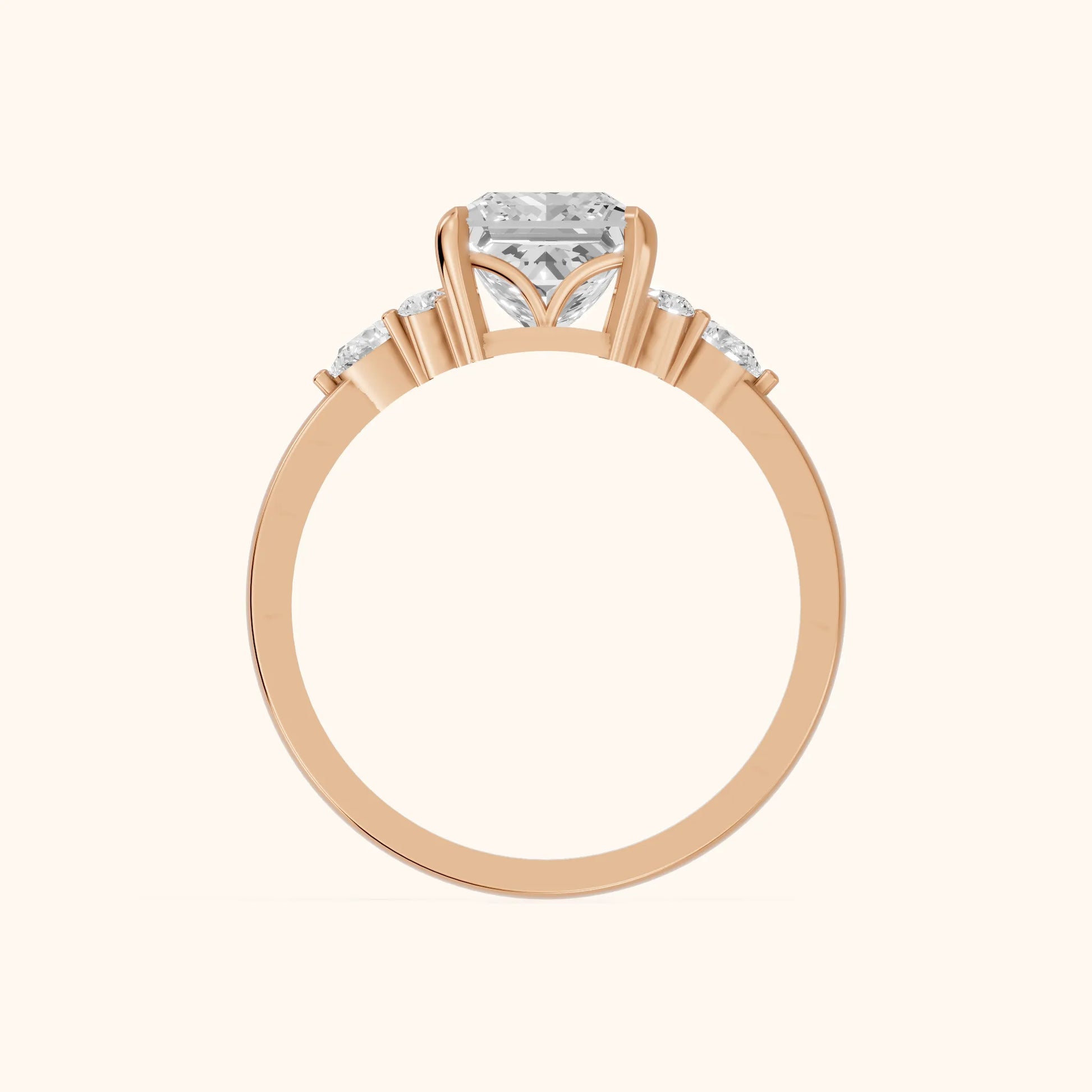 Amelia Three Stone Princess Diamond Engagement Ring in Rose Gold - FingerView