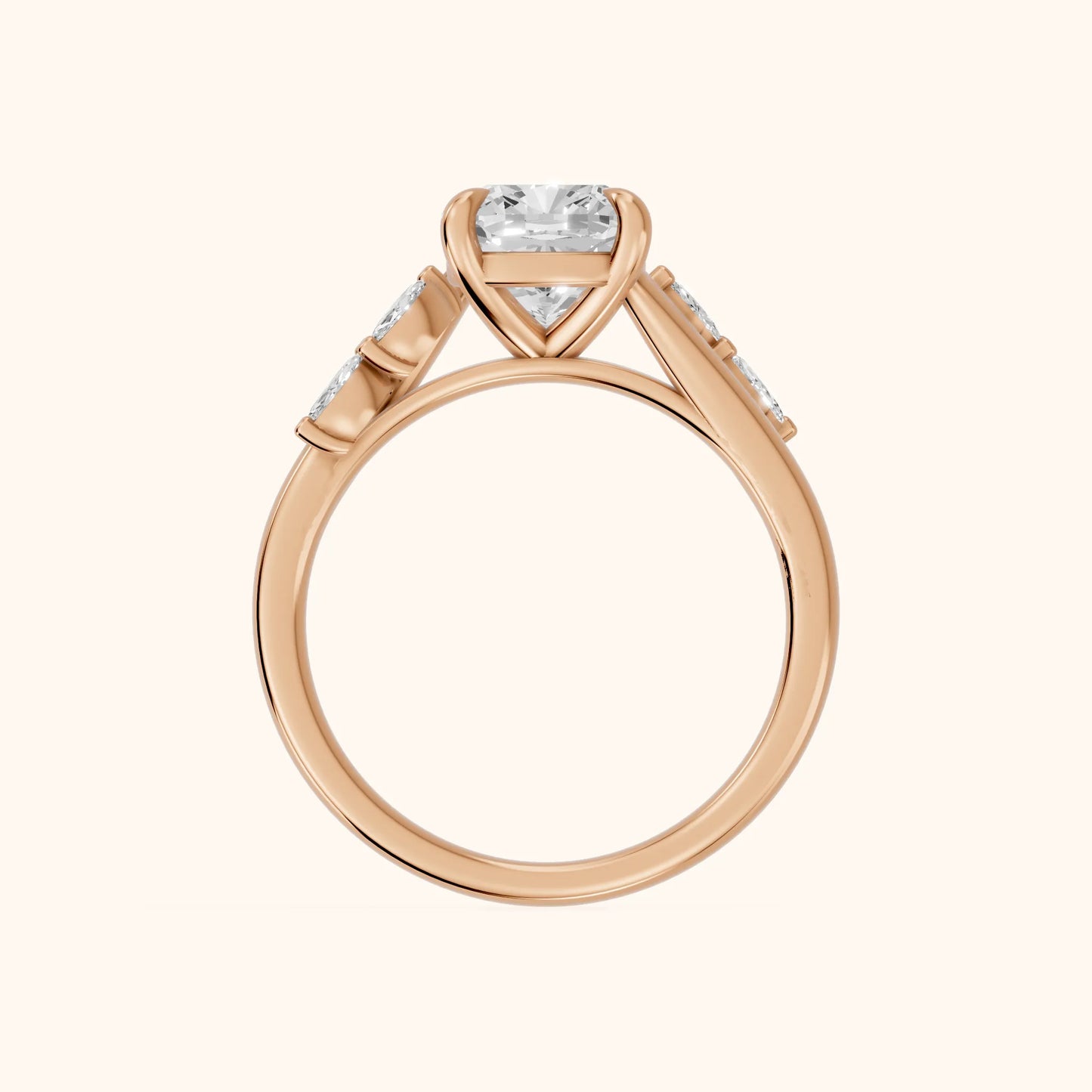 Flora Twist Side Stone Cushion Diamond Engagement Ring in Rose Gold - FingerView