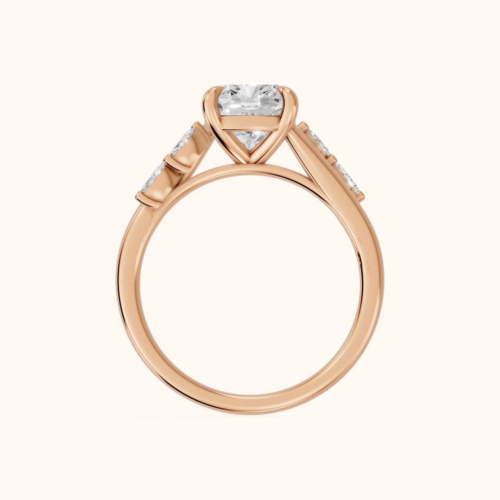 Flora Twist Side Stone Cushion Diamond Engagement Ring in Rose Gold - FingerView
