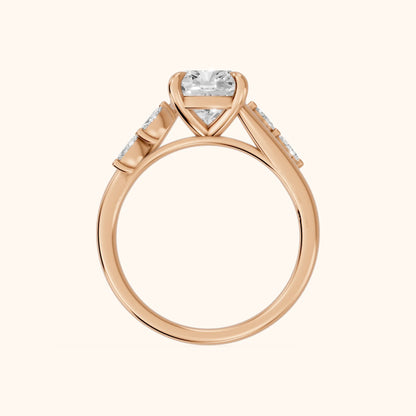 Flora Twist Side Stone Cushion Diamond Engagement Ring in Rose Gold - FingerView