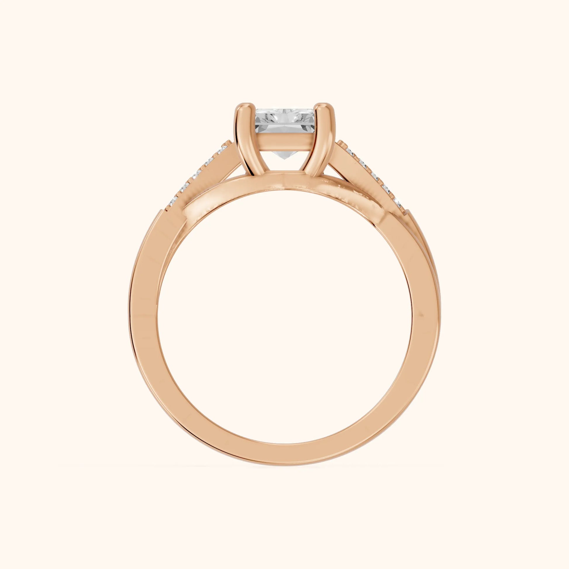 Veronica Twist Side Stone Radiant Diamond Engagement Ring in Rose Gold - FingerView