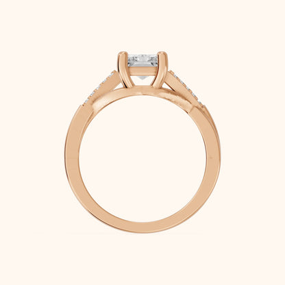 Veronica Twist Side Stone Radiant Diamond Engagement Ring in Rose Gold - FingerView