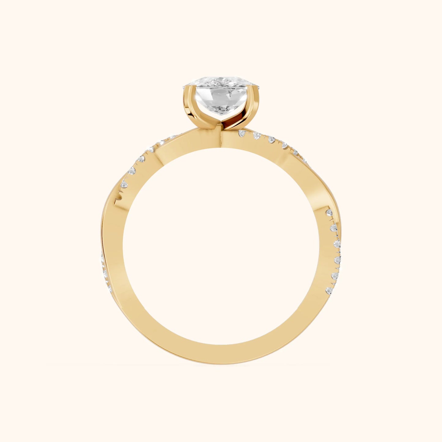 Twisted Side Stone Cushion Diamond Engagement Ring in Yellow Gold - FingerView