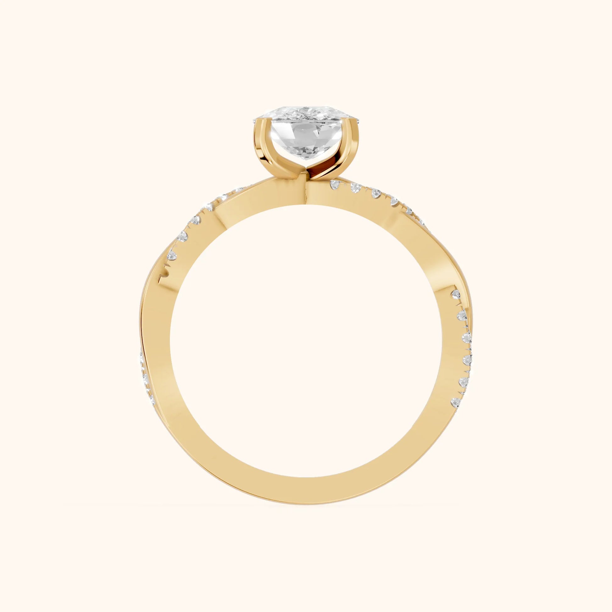 Twisted Side Stone Cushion Diamond Engagement Ring in Yellow Gold - FingerView