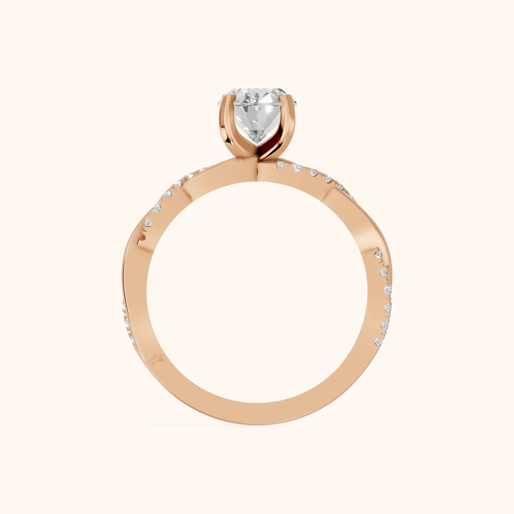 Twisted Side Stone Oval Diamond Engagement Ring in Rose Gold - FingerView