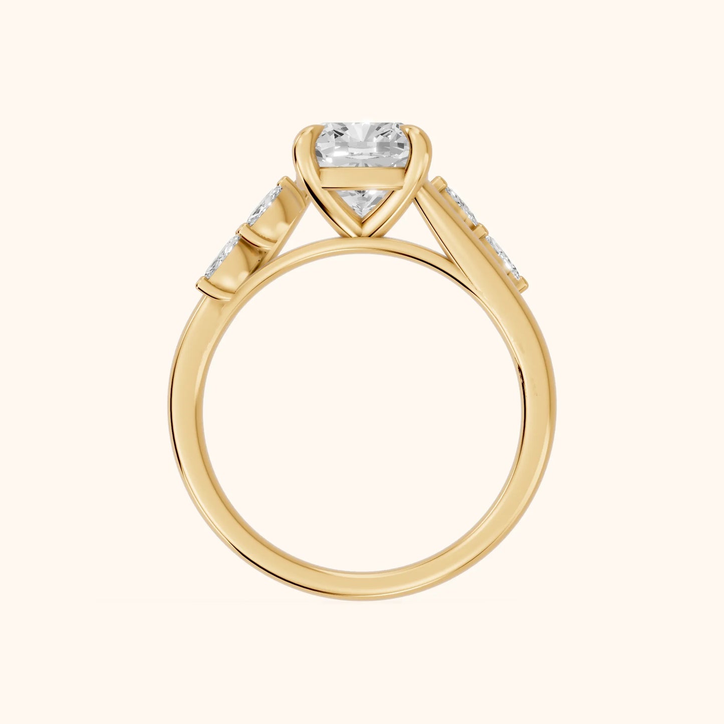 Flora Twist Side Stone Cushion Diamond Engagement Ring in Yellow Gold - FingerView