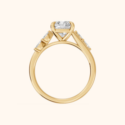 Flora Twist Side Stone Cushion Diamond Engagement Ring in Yellow Gold - FingerView