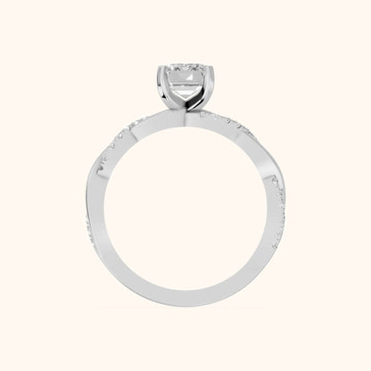 Twisted Side Stone Emerald Diamond Engagement Ring in White Gold - FingerView