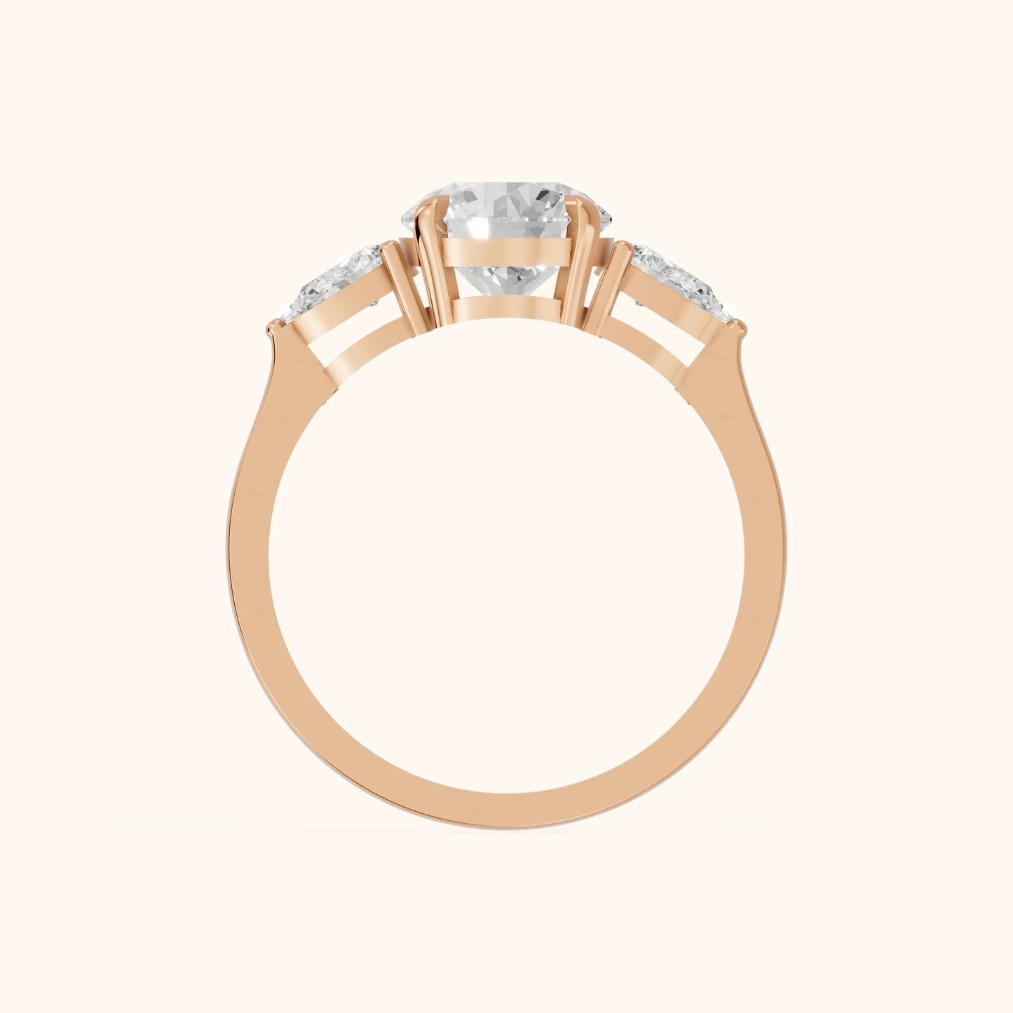 Grace Three Stone Round Diamond Engagement Ring in Rose Gold - FingerView