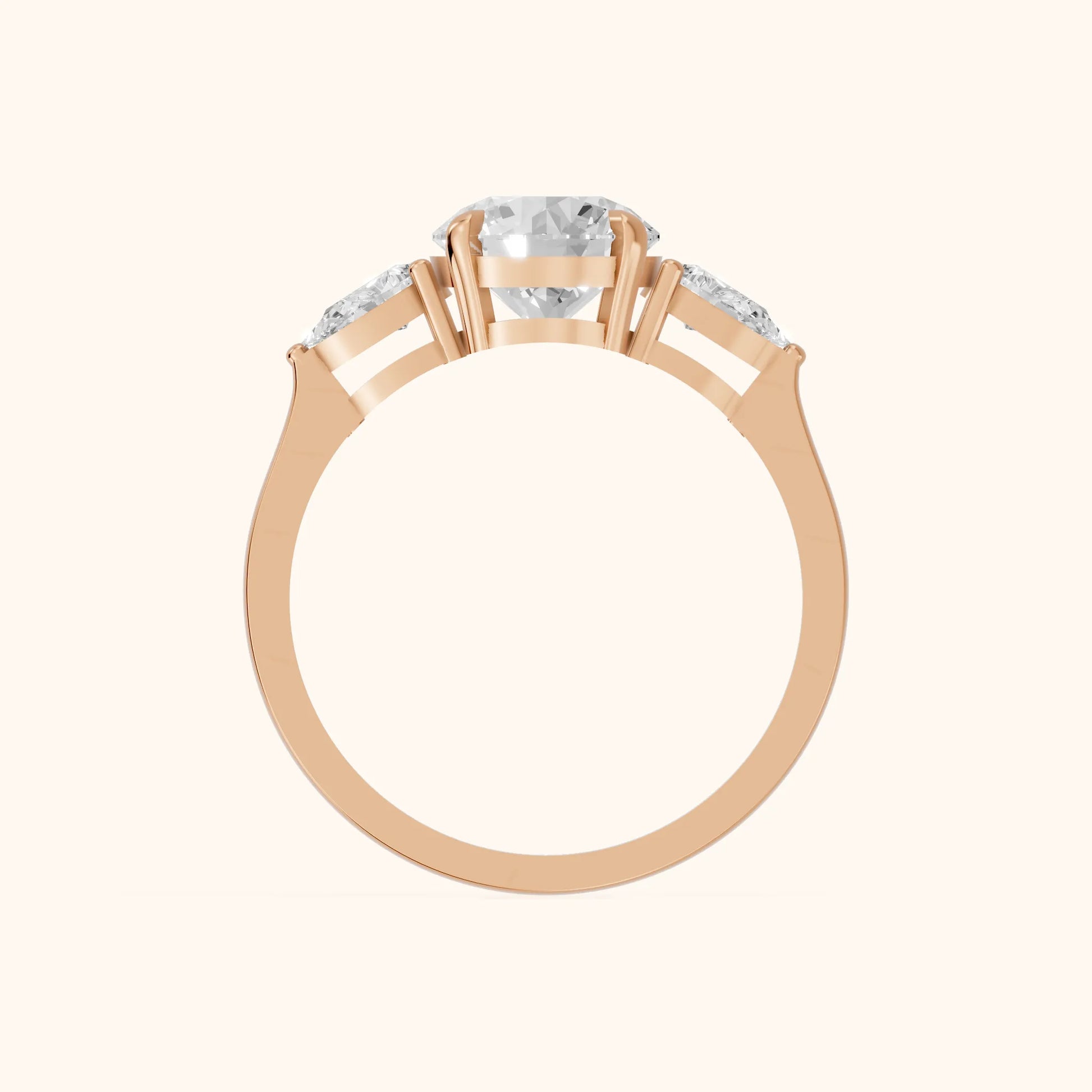 Grace Three Stone Round Diamond Engagement Ring in Rose Gold - FingerView