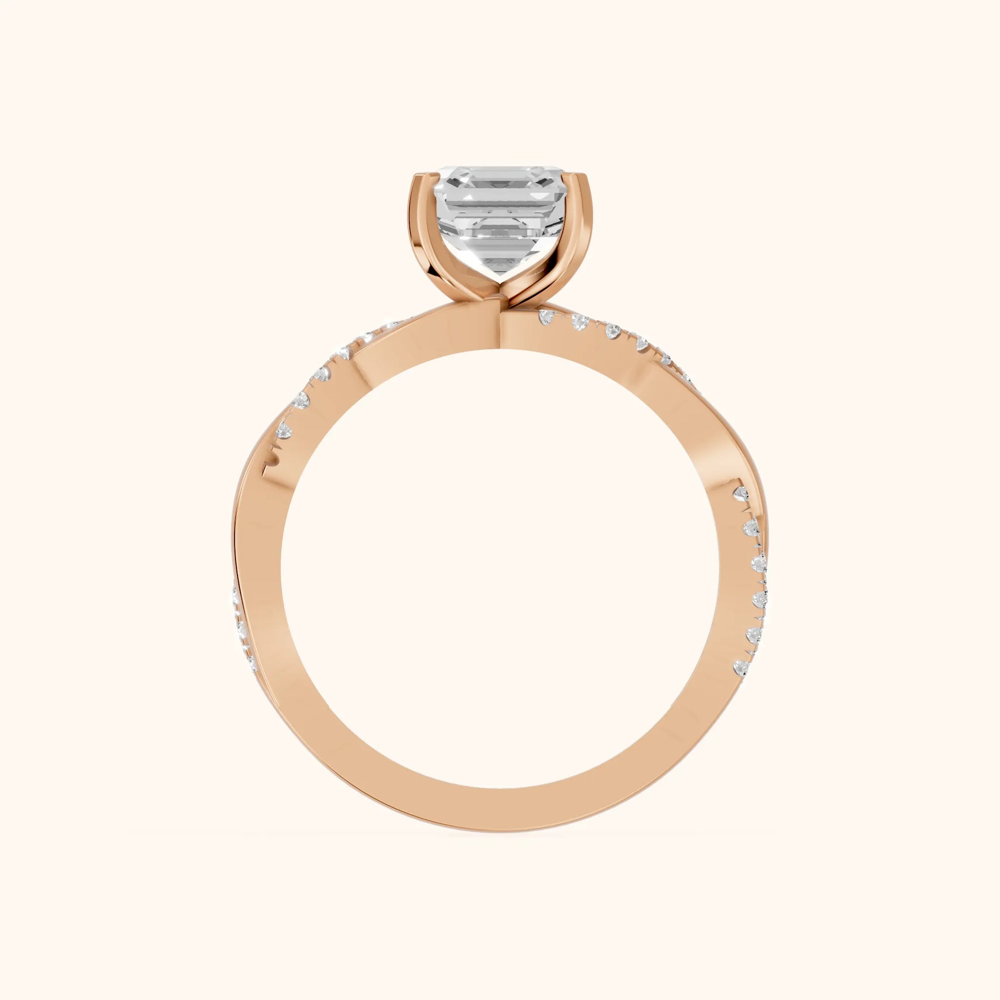 Twisted Side Stone Asscher Diamond Engagement Ring in Rose Gold - FingerView
