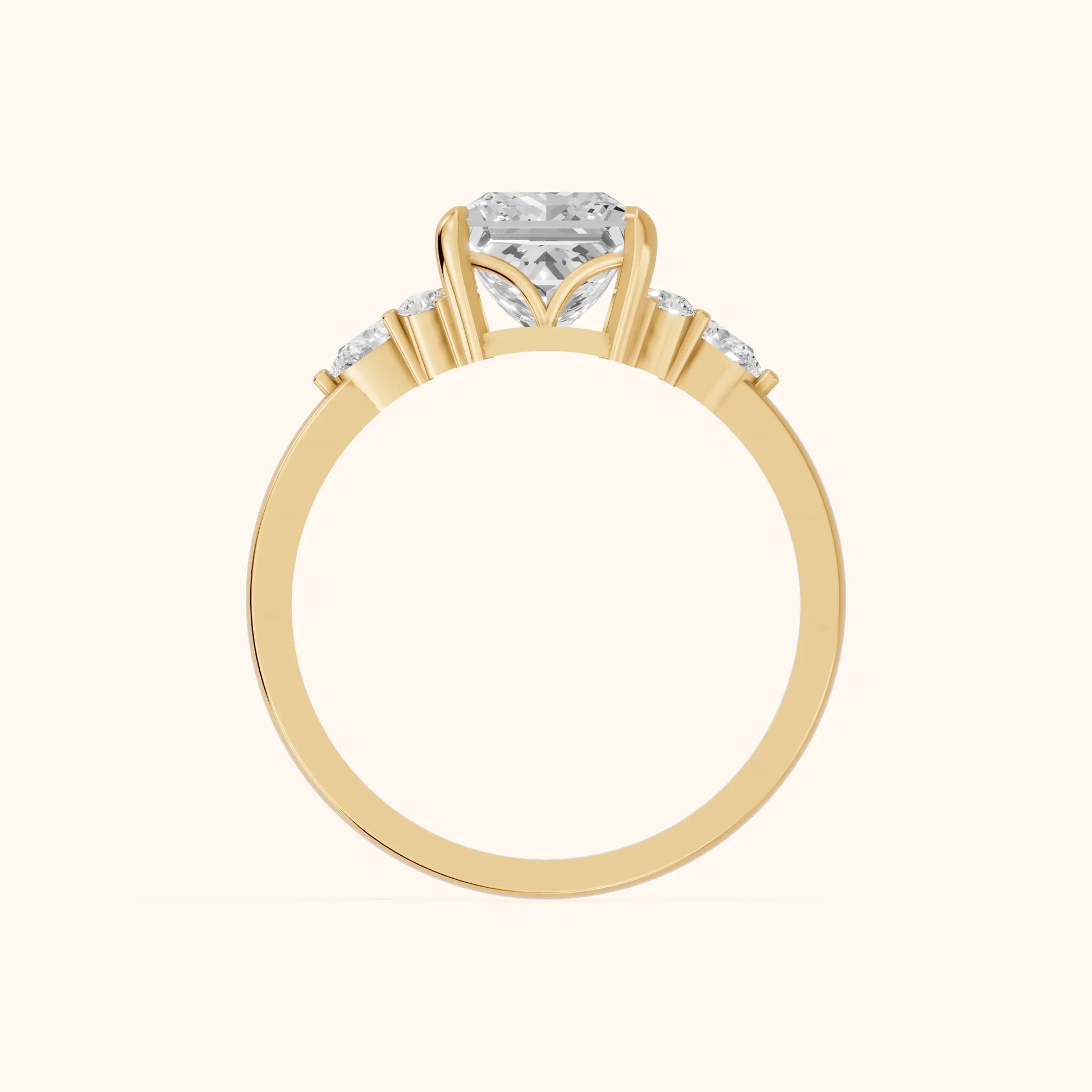 Amelia Three Stone Princess Diamond Engagement Ring in Yellow Gold - FingerView