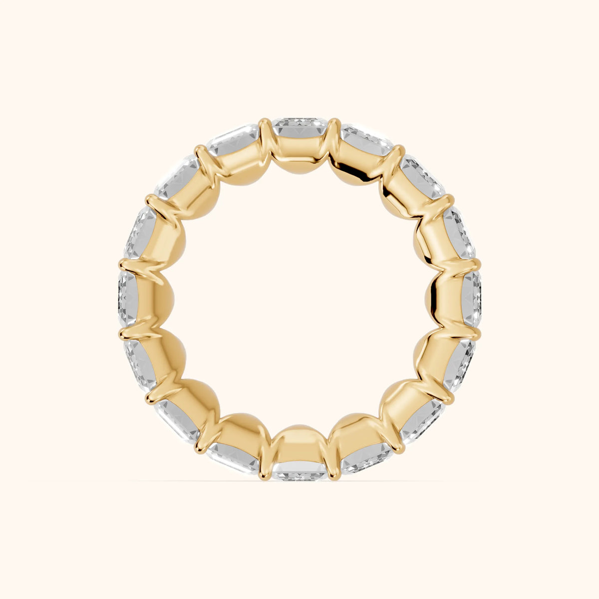 Zia Shared Prong Emerald Diamond Eternity Band in Yellow Gold - FingerView