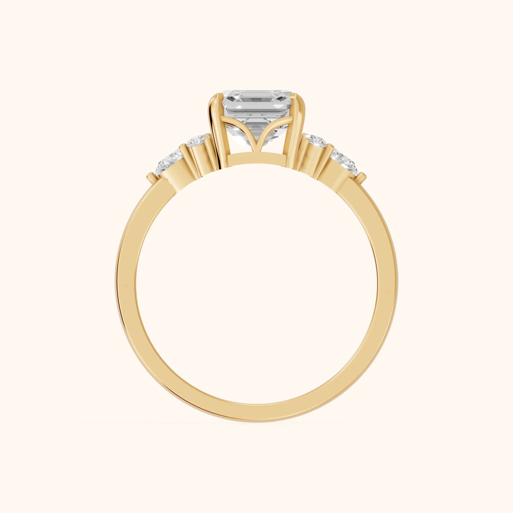 Amelia Three Stone Asscher Diamond Engagement Ring in Yellow Gold - FingerView