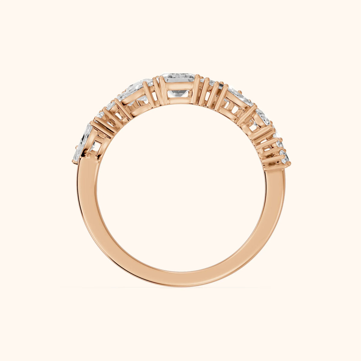 Isha Cluster Emerald & Pear Diamond Anniversary Ring in Rose Gold - FingerView