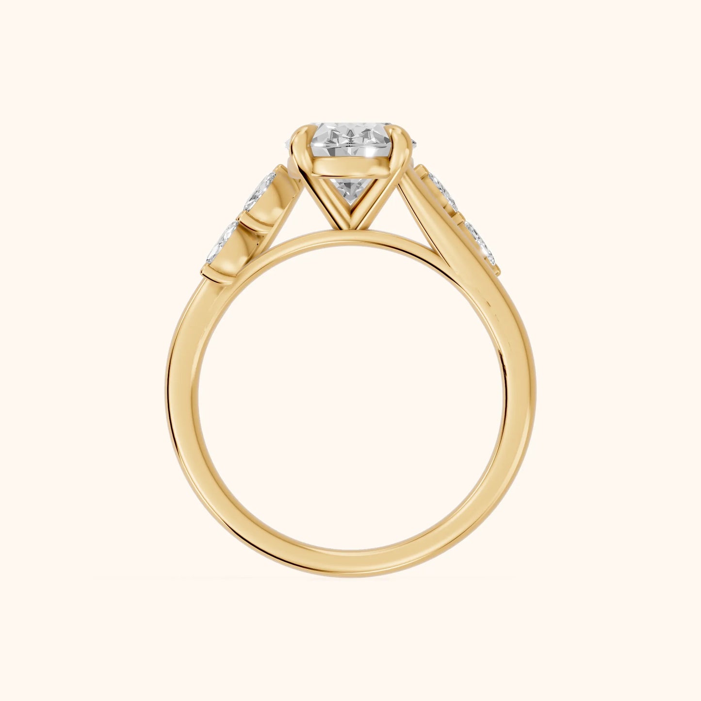 Flora Twist Side Stone Oval Diamond Engagement Ring in Yellow Gold - FingerView