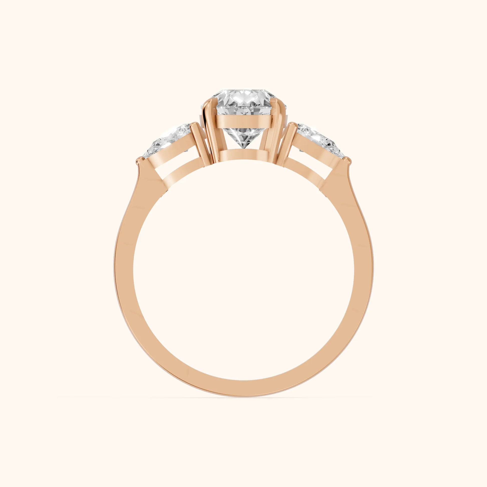 Grace Three Stone Pear Diamond Engagement Ring in Rose Gold - FingerView