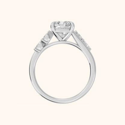 Flora Twist Side Stone Cushion Diamond Engagement Ring in Platinum - FingerView