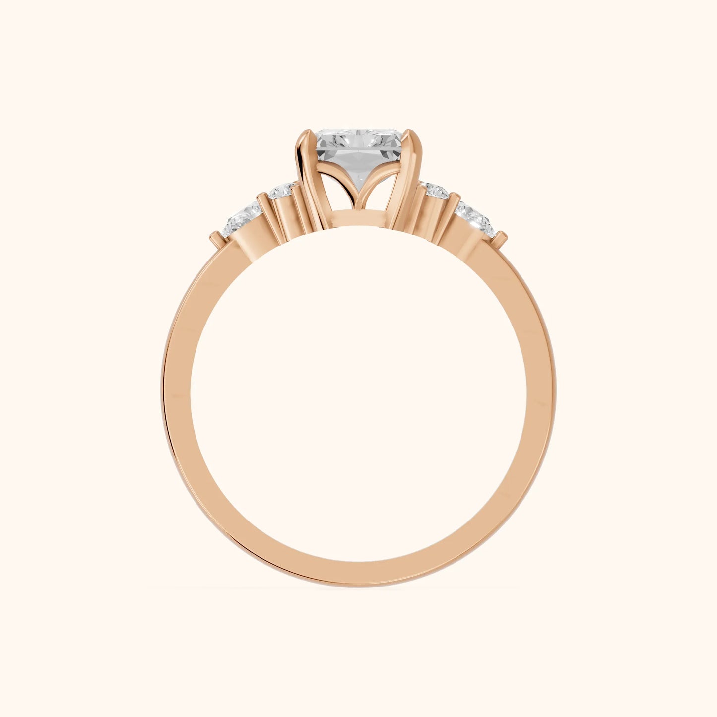 Amelia Three Stone Radiant Diamond Engagement Ring in Rose Gold - FingerView