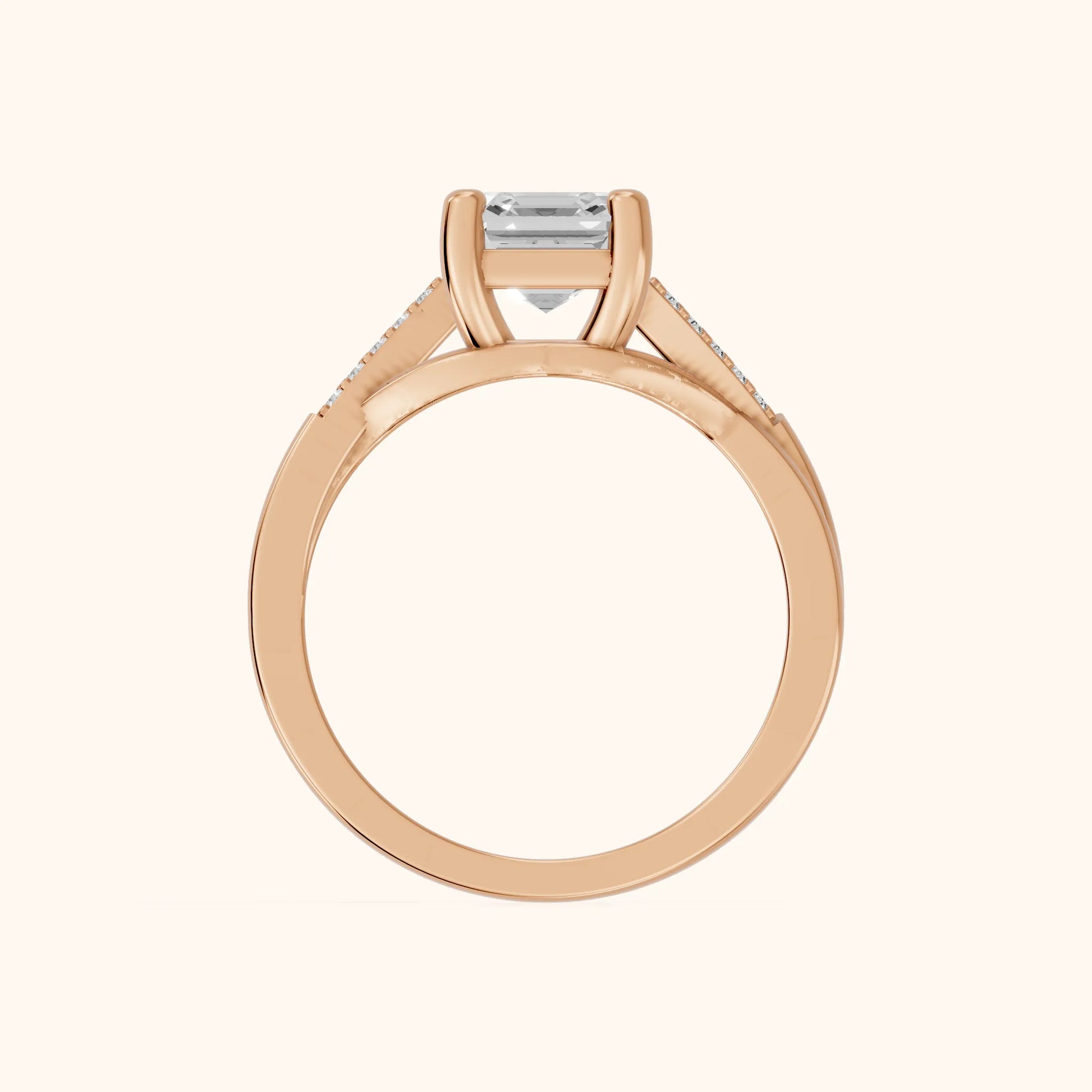 Veronica Twist Side Stone Asscher Diamond Engagement Ring in Rose Gold - FingerView