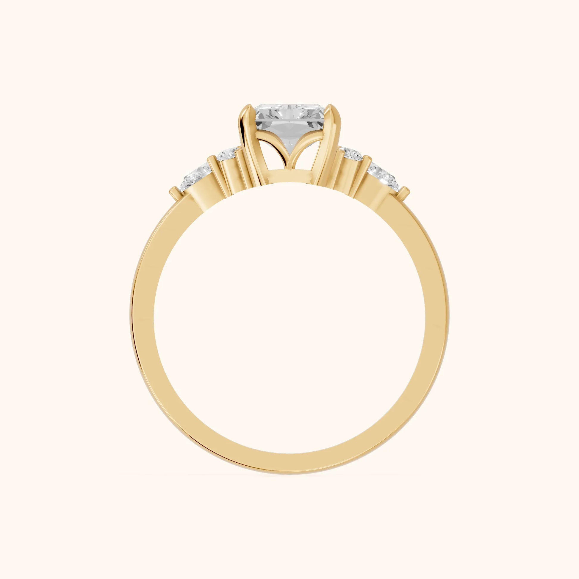 Amelia Three Stone Radiant Diamond Engagement Ring in Yellow Gold - FingerView