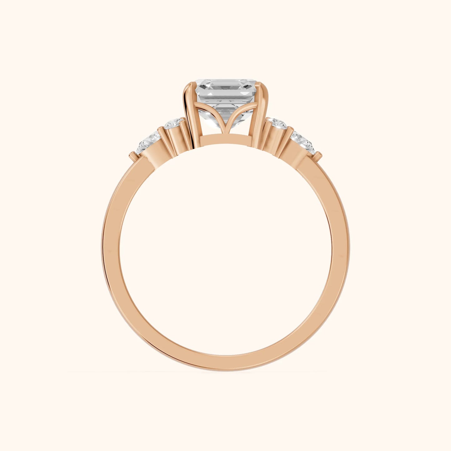 Amelia Three Stone Asscher Diamond Engagement Ring in Rose Gold - FingerView