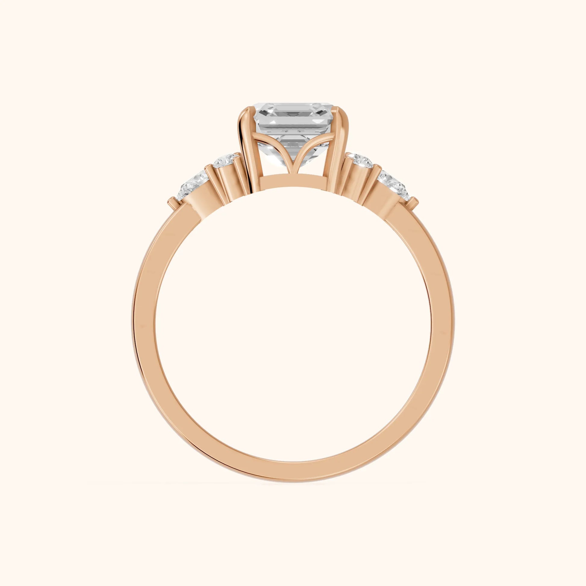 Amelia Three Stone Asscher Diamond Engagement Ring in Rose Gold - FingerView