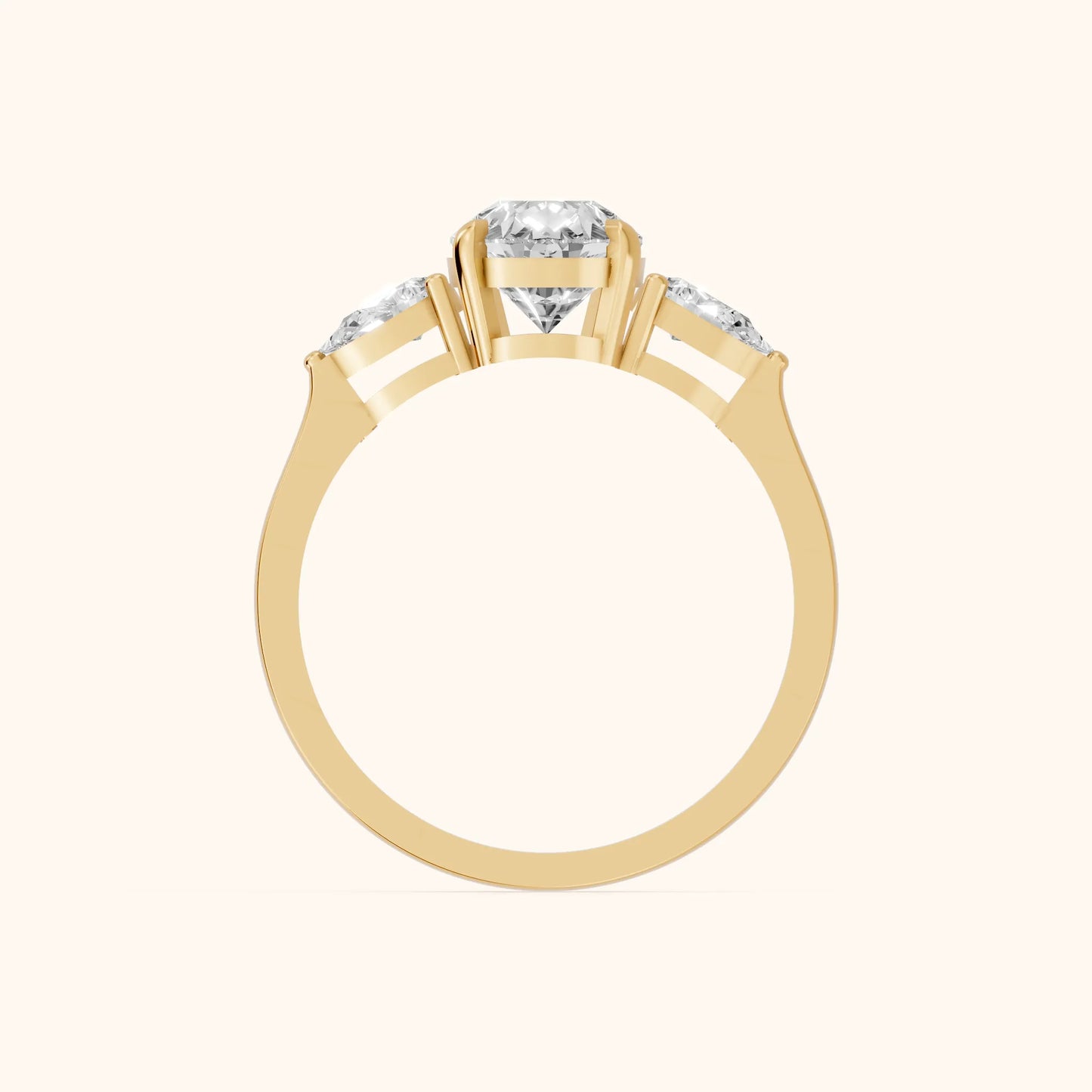 Grace Three Stone Pear Diamond Engagement Ring in Yellow Gold - FingerView