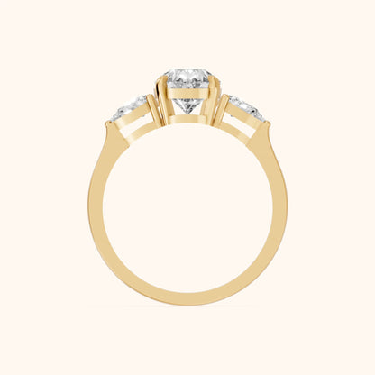 Grace Three Stone Pear Diamond Engagement Ring in Yellow Gold - FingerView