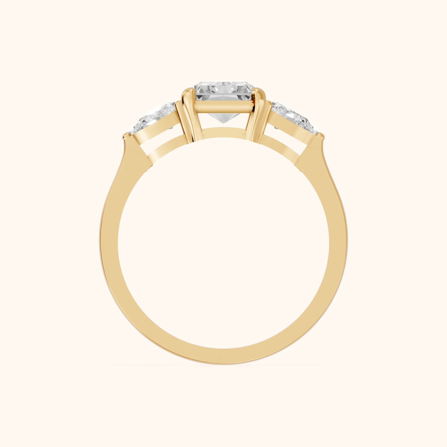Grace Three Stone Radiant Diamond Engagement Ring in Yellow Gold - FingerView