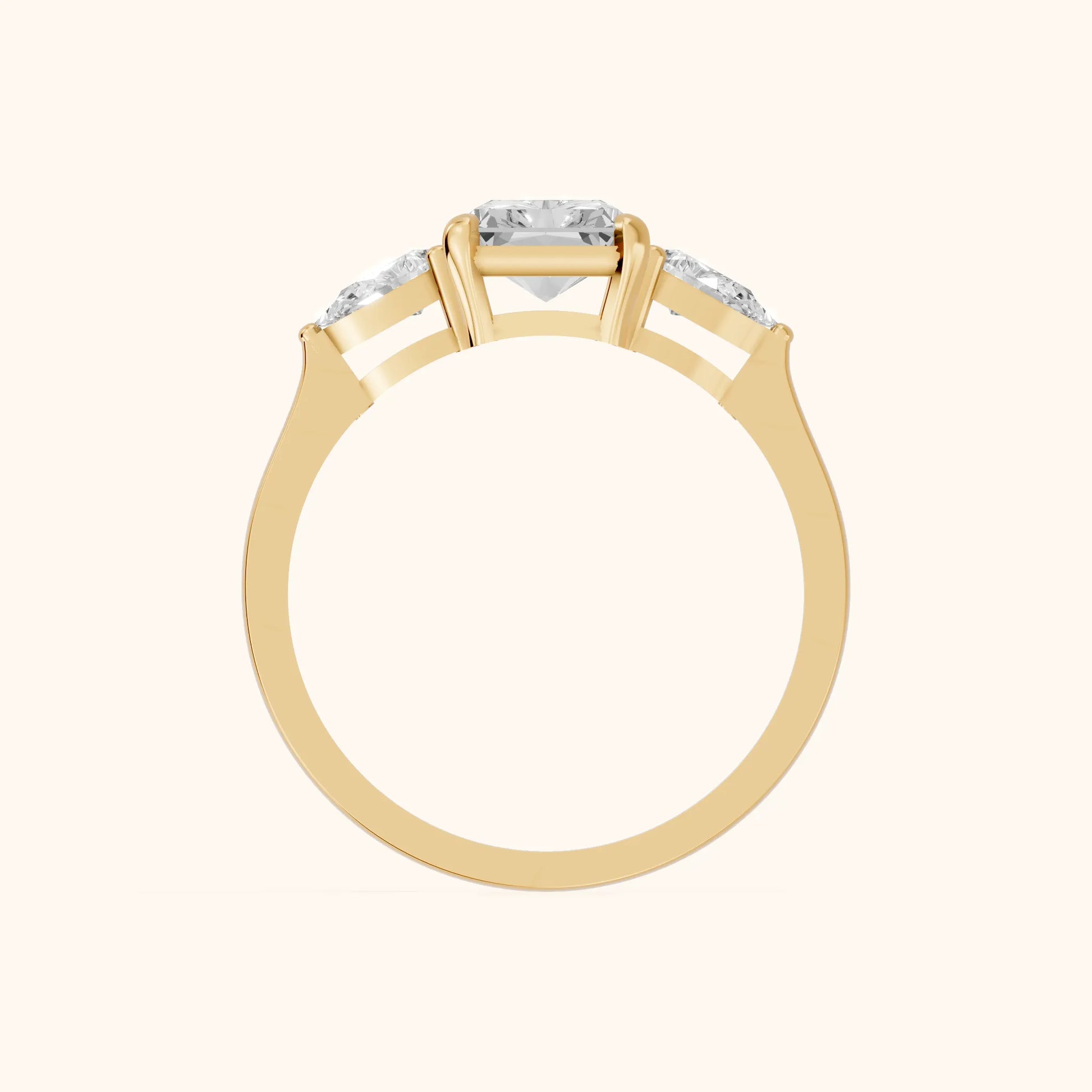 Grace Three Stone Radiant Diamond Engagement Ring in Yellow Gold - FingerView