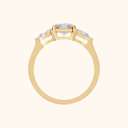 Grace Three Stone Radiant Diamond Engagement Ring in Yellow Gold - FingerView