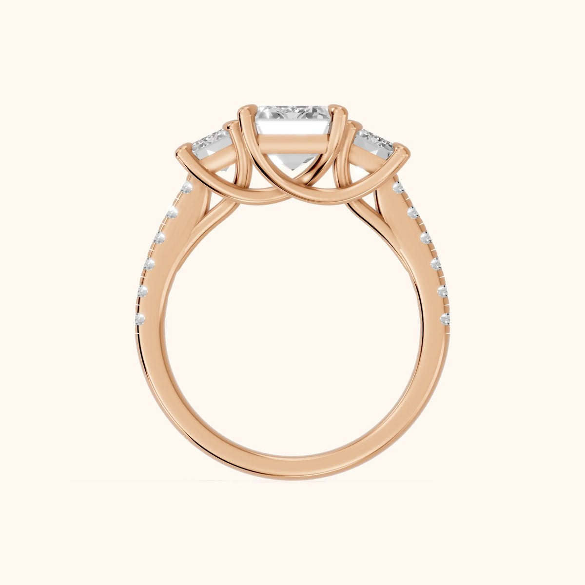 Gabrielle Three-Stone Pavé Emerald Diamond Engagement Ring in Rose Gold - FingerView.webp