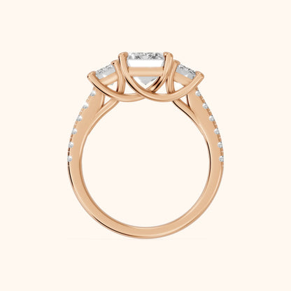 Gabrielle Three-Stone Pavé Emerald Diamond Engagement Ring in Rose Gold - FingerView.webp