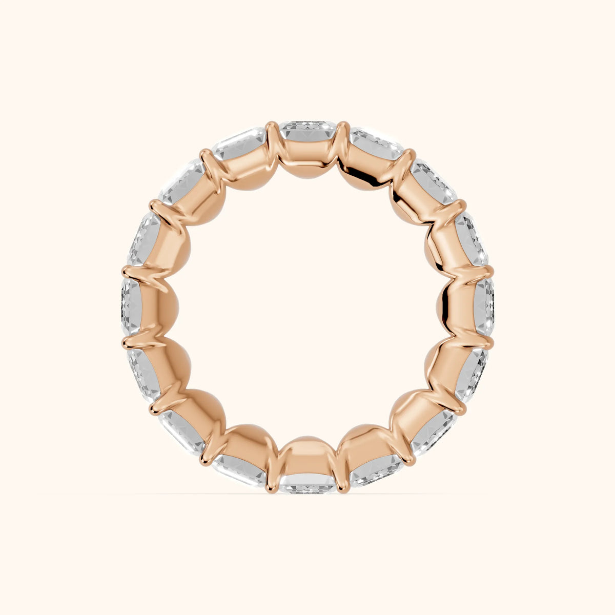 Zia Shared Prong Emerald Diamond Eternity Band in Rose Gold - FingerView