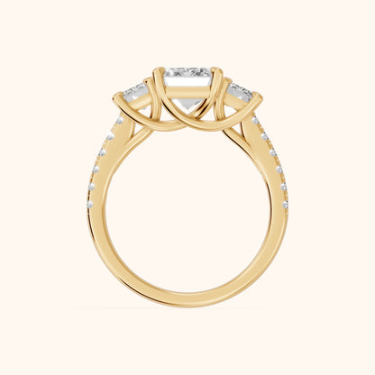 Gabrielle Three-Stone Pavé Emerald Diamond Engagement Ring in Yellow Gold - FingerView.webp