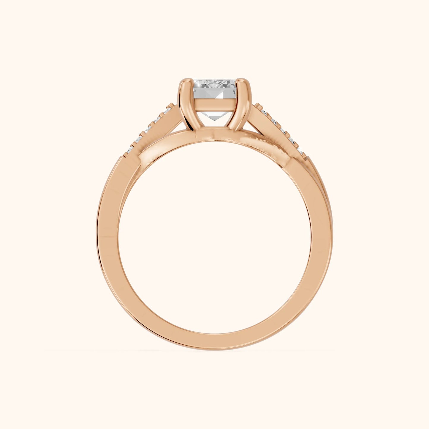 Veronica Twist Side Stone Emerald Diamond Engagement Ring in Rose Gold - FingerView