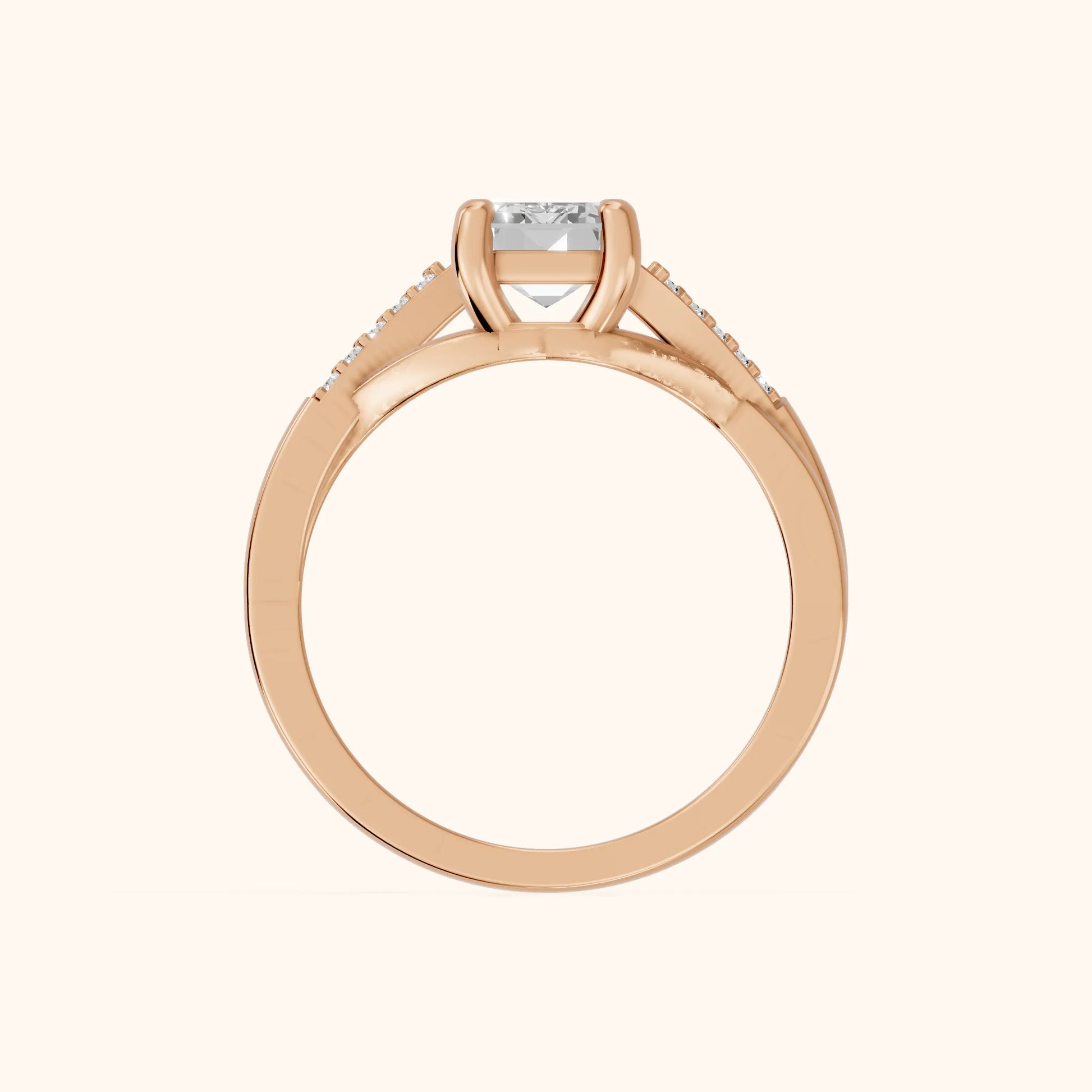 Veronica Twist Side Stone Emerald Diamond Engagement Ring in Rose Gold - FingerView