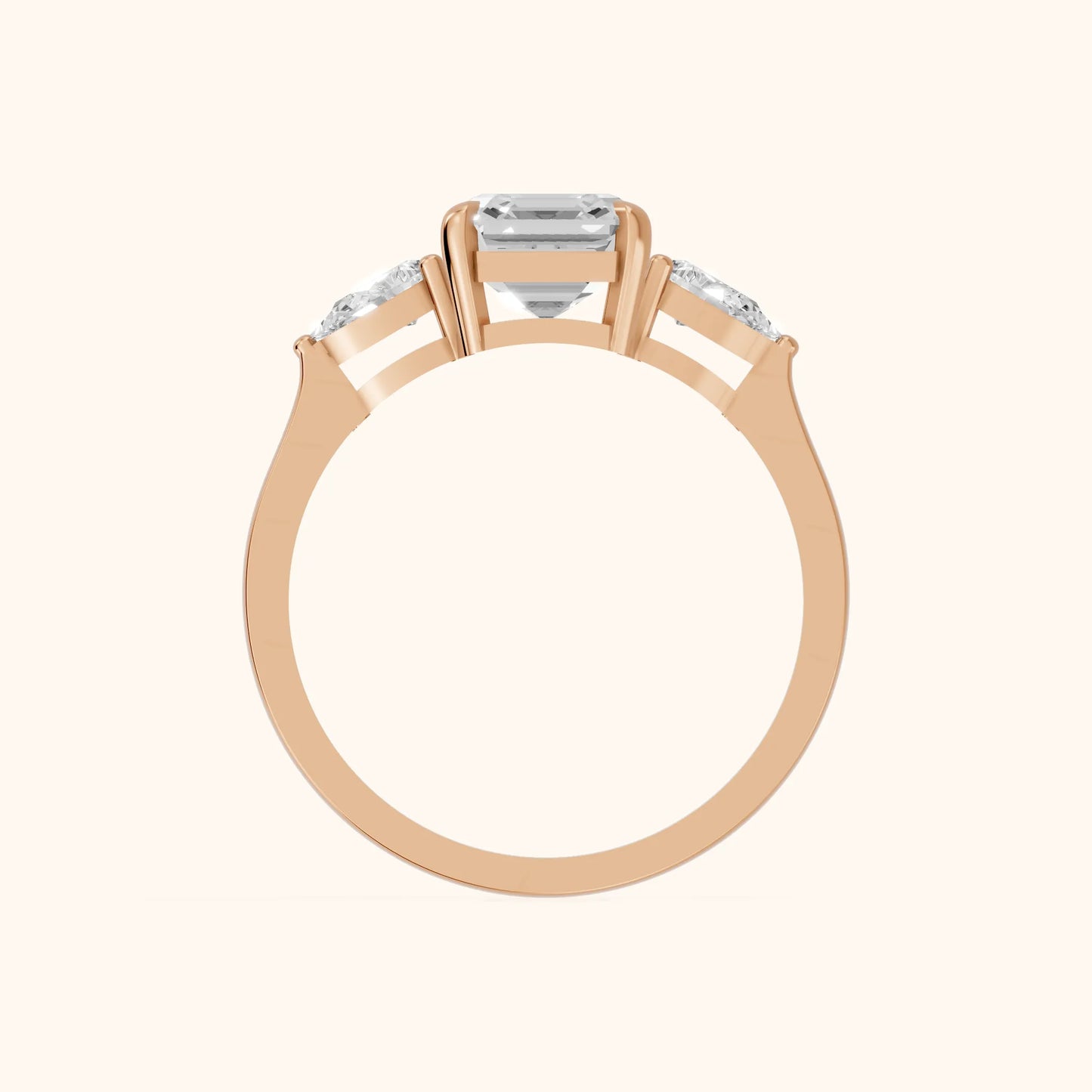 Grace Three Stone Asscher Diamond Engagement Ring in Rose Gold - FingerView