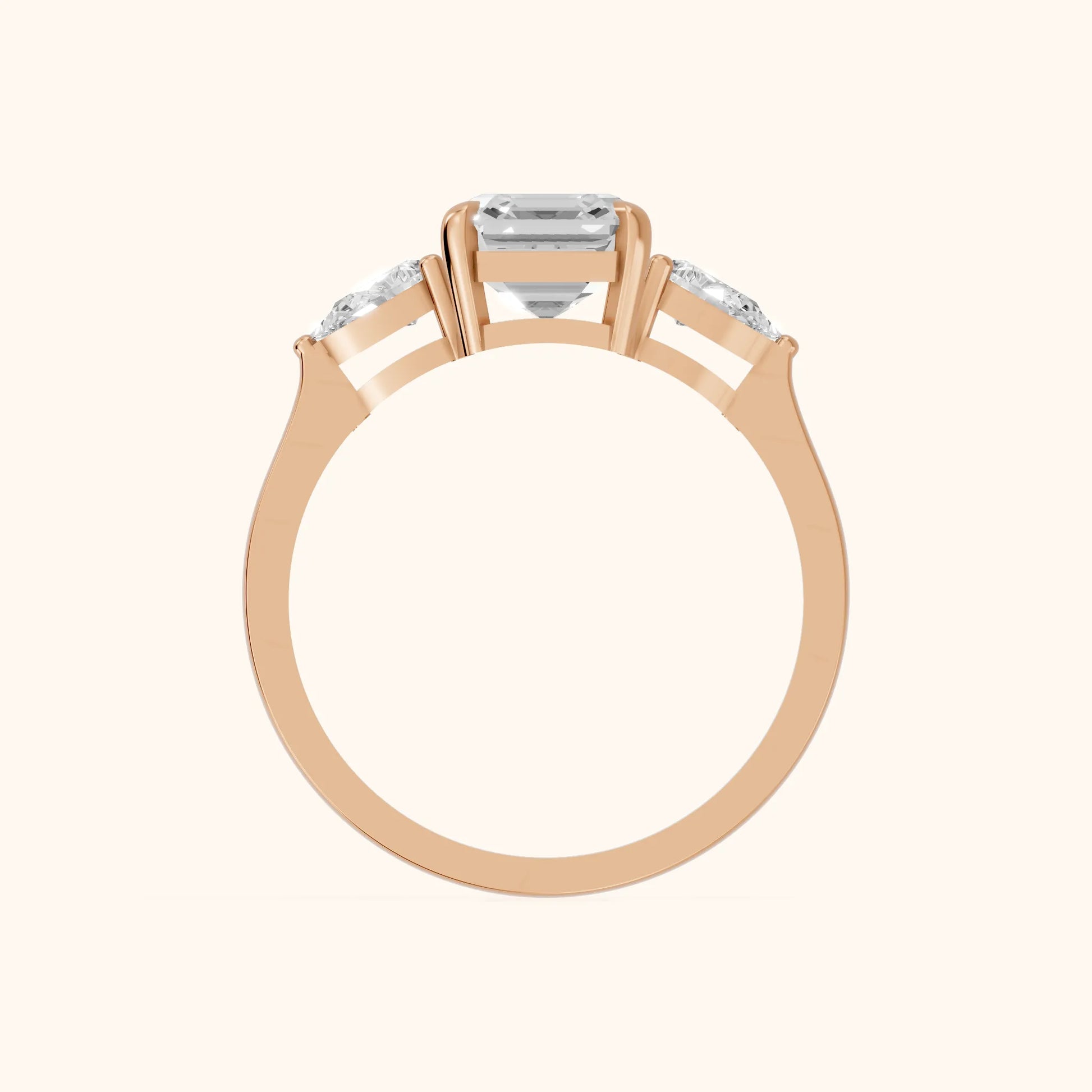 Grace Three Stone Asscher Diamond Engagement Ring in Rose Gold - FingerView