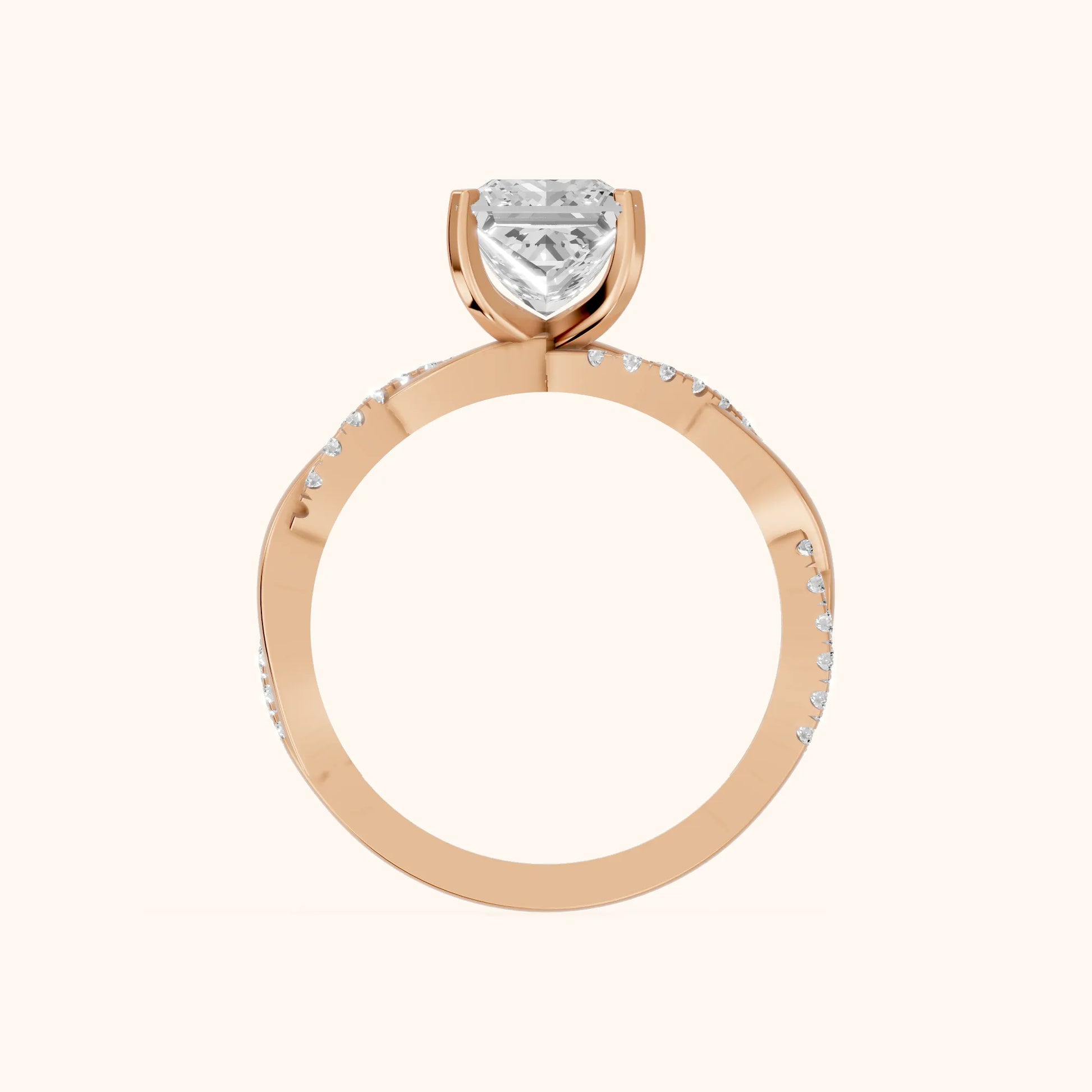 Twisted Side Stone Princess Diamond Engagement Ring in Rose Gold - FingerView