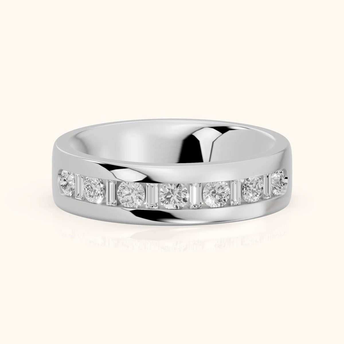 Lydia Channel Set Round & Baguette Diamond Half Eternity Band in White Gold - FrontView